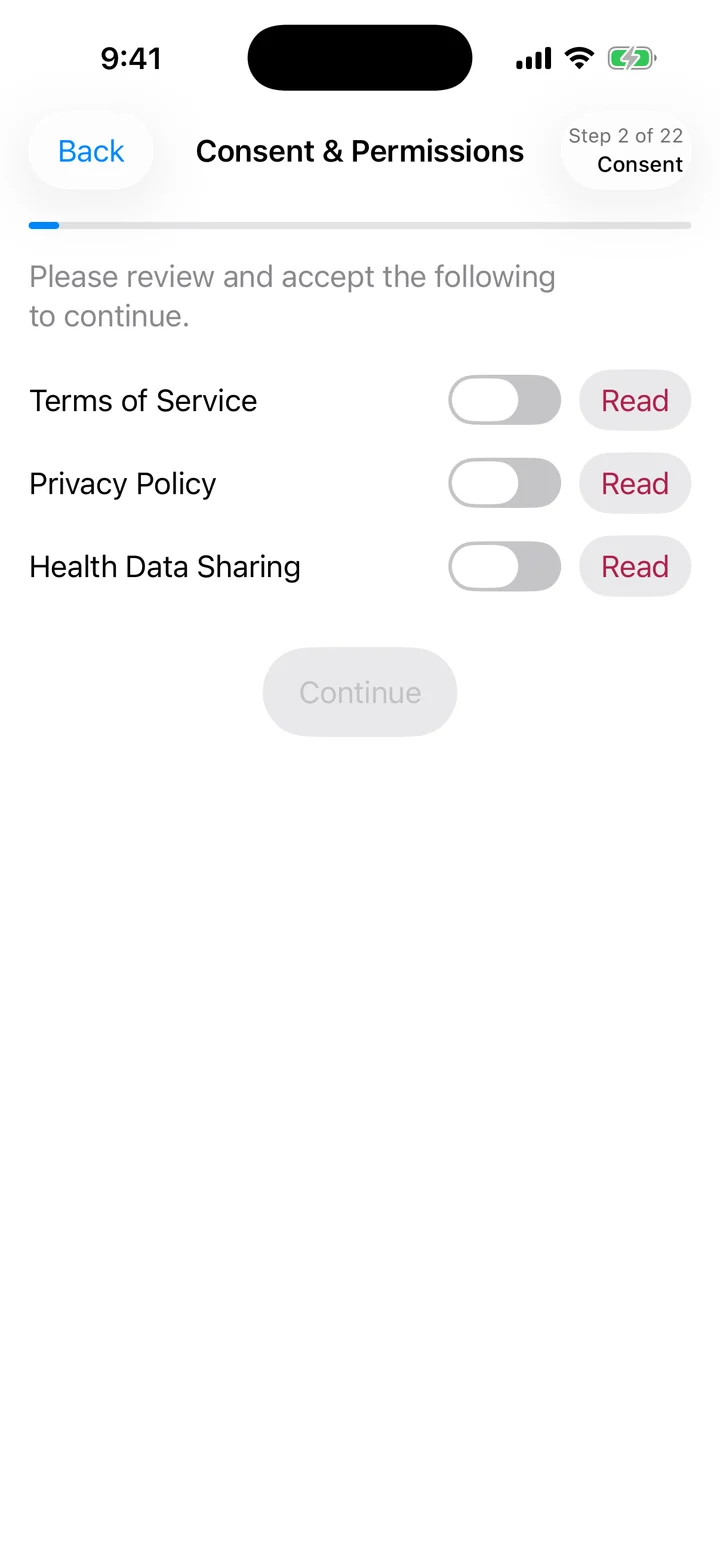 A setup screen that asks you to accept the terms, the privacy policy and health data sharing, each with its own switch and Read link