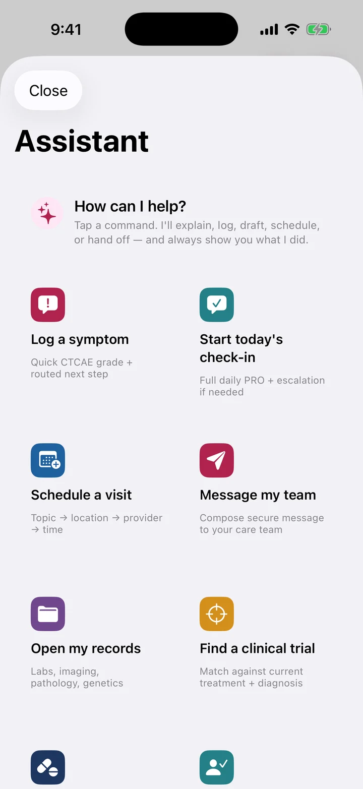 The Assistant screen, with shortcuts to log a symptom, start a check-in, schedule a visit and message your care team