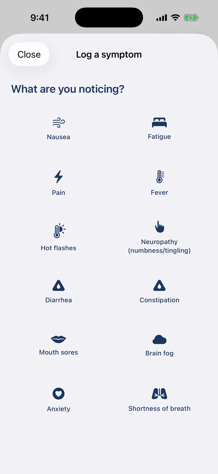 The Log a symptom screen, a grid of symptoms such as nausea, fatigue, pain, hot flashes and brain fog