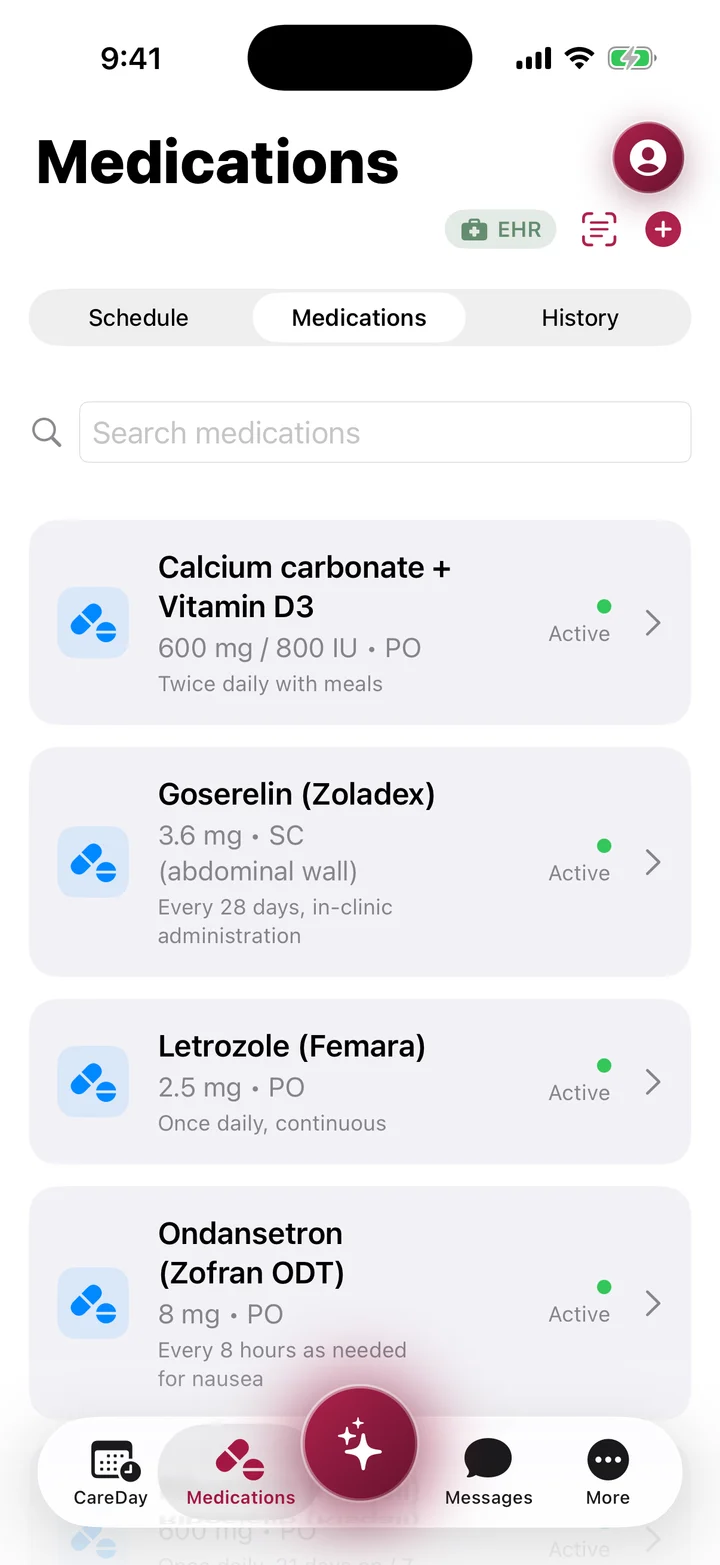 The Medications list, with each medicine’s dose and schedule, and the Medications tab selected