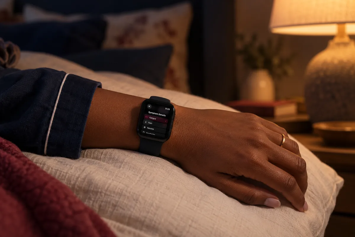 At night by a bedside lamp, a woman’s wrist rests on a pillow; her watch shows the MyBC Health symptom list: fatigue, pain, nausea.