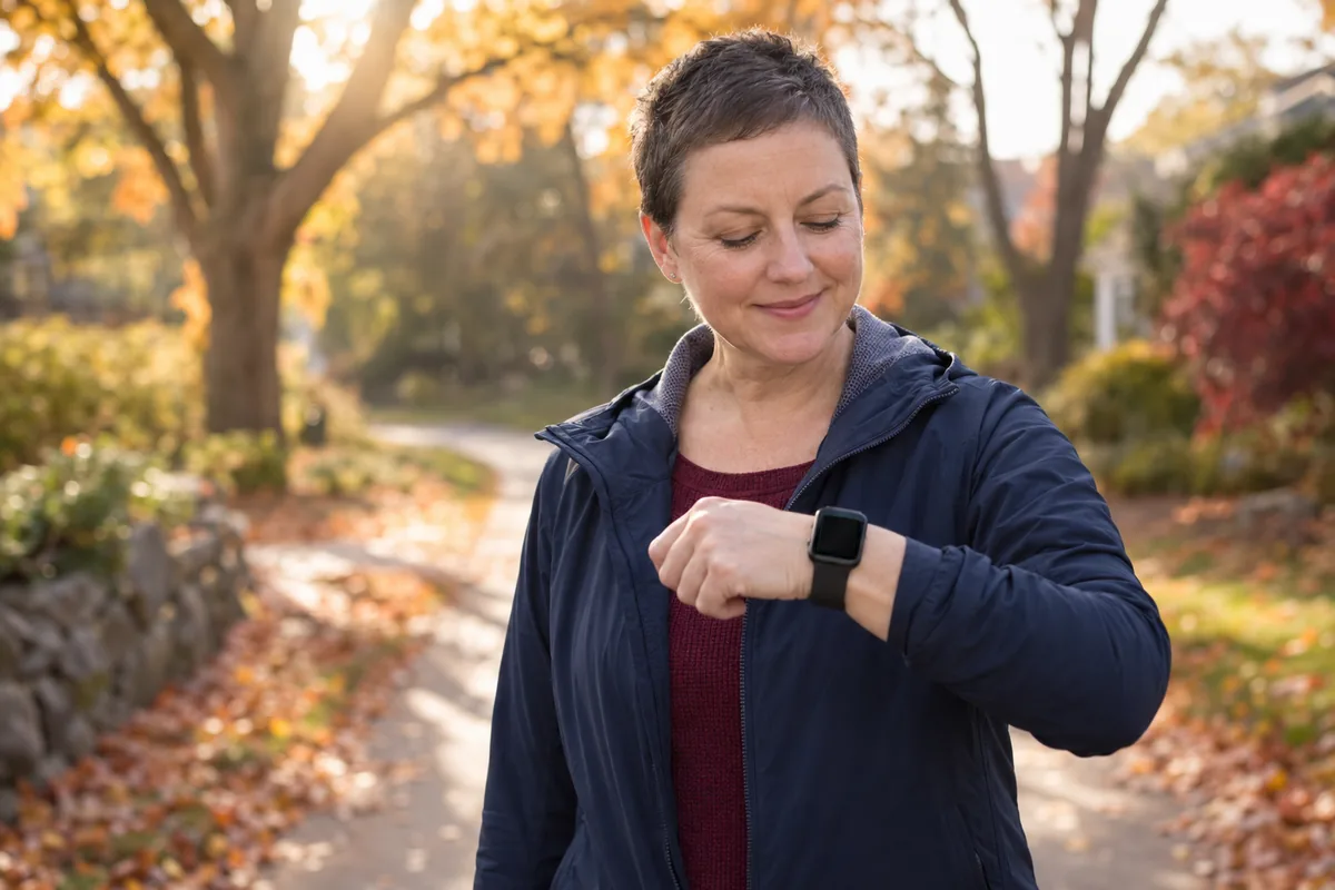 A woman with short hair smiles as she checks her smartwatch on a leafy path in autumn sun.