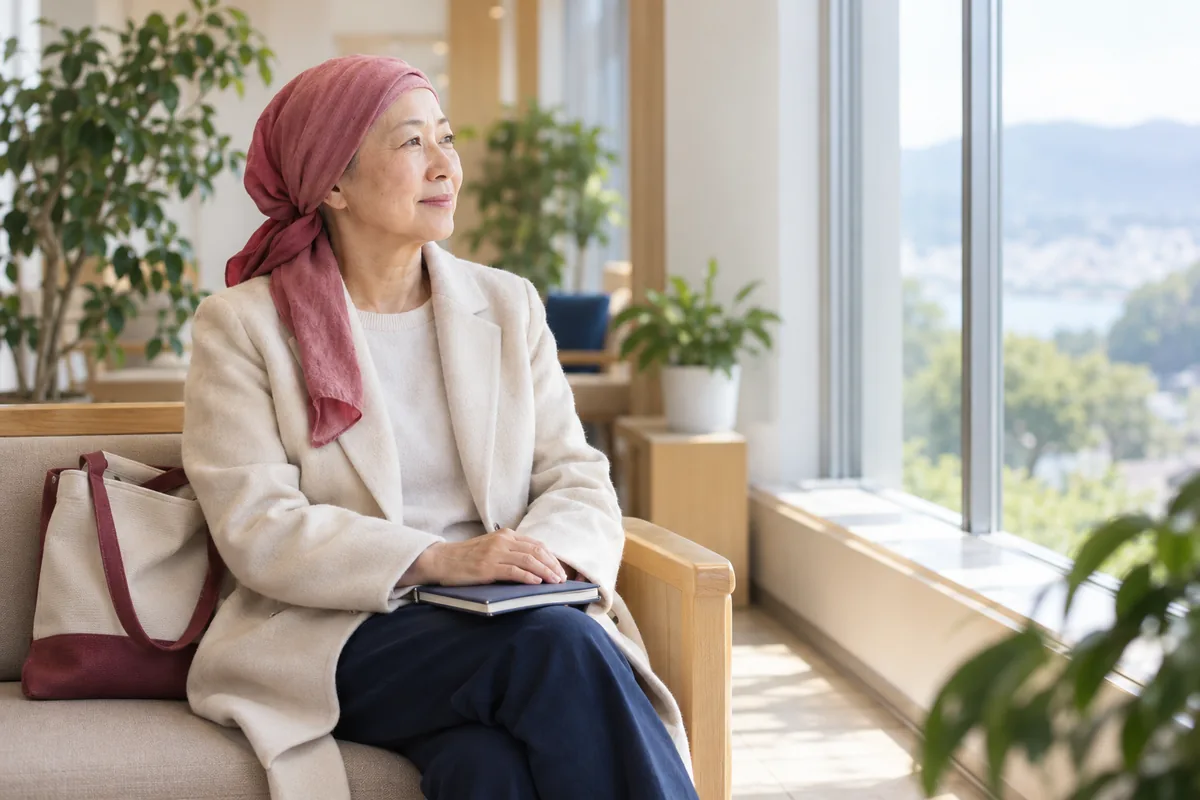 A woman in a rose headscarf waits calmly by a large window before a clinic visit, a notebook in her lap.